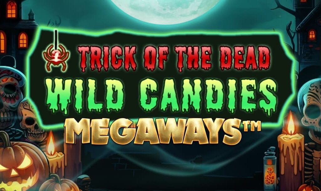 A banner image for the slot game Trick of the Dead: Wild Candies Megaways. It features a haunted Halloween theme with glowing neon-green and blood-red title text centered under a full moon. The words “TRICK OF THE DEAD” appear in dripping red letters, “WILD CANDIES” in vibrant green slime font, and “MEGAWAYS™” in bold, golden type. The eerie background showcases haunted houses with glowing windows, candlelit pumpkins, Day of the Dead-style skulls, and flickering candles.