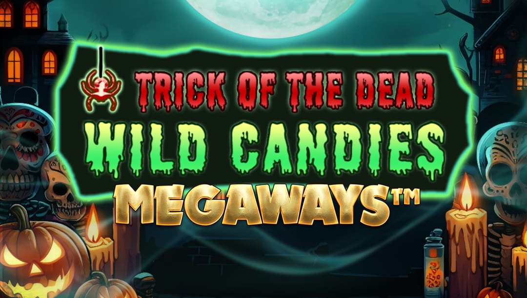 A banner image for the slot game Trick of the Dead: Wild Candies Megaways. It features a haunted Halloween theme with glowing neon-green and blood-red title text centered under a full moon. The words “TRICK OF THE DEAD” appear in dripping red letters, “WILD CANDIES” in vibrant green slime font, and “MEGAWAYS™” in bold, golden type. The eerie background showcases haunted houses with glowing windows, candlelit pumpkins, Day of the Dead-style skulls, and flickering candles.