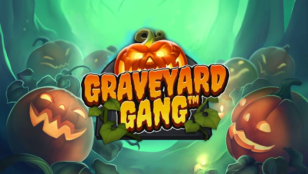 The banner image for the Graveyard Gang slot. It features the title "Graveyard Gang" in bold, orange, cartoon-style letters with green vines wrapping around the text. Behind the title is a glowing, menacing jack-o'-lantern with a carved, angry face. The background depicts a spooky, misty graveyard with several other jack-o'-lanterns showing various mischievous expressions, all set against a backdrop of shadowy trees and a teal-green eerie glow.