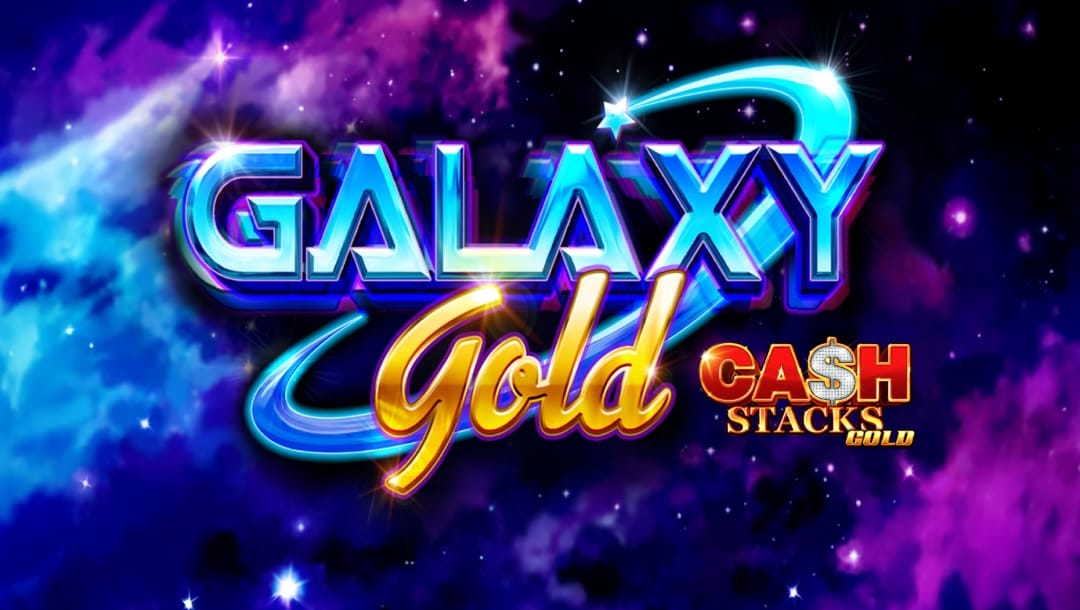 The game’s title screen featuring the Galaxy Gold slot logo in blue chrome and gold. The logo floats in the foreground in front of an endless expanse of technicolor galaxies and star constellations.