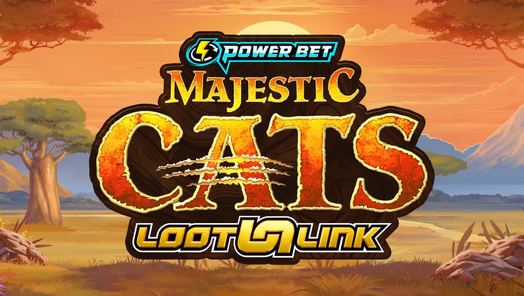 Majestic Cats Loot Link title screen featuring a vivid savannah backdrop at sunset, with warm orange skies, acacia trees, and mountains in the distance. The bold, scratched logo title sits center screen, topped by the Power Bet banner, surrounded by golden grass and foliage.
