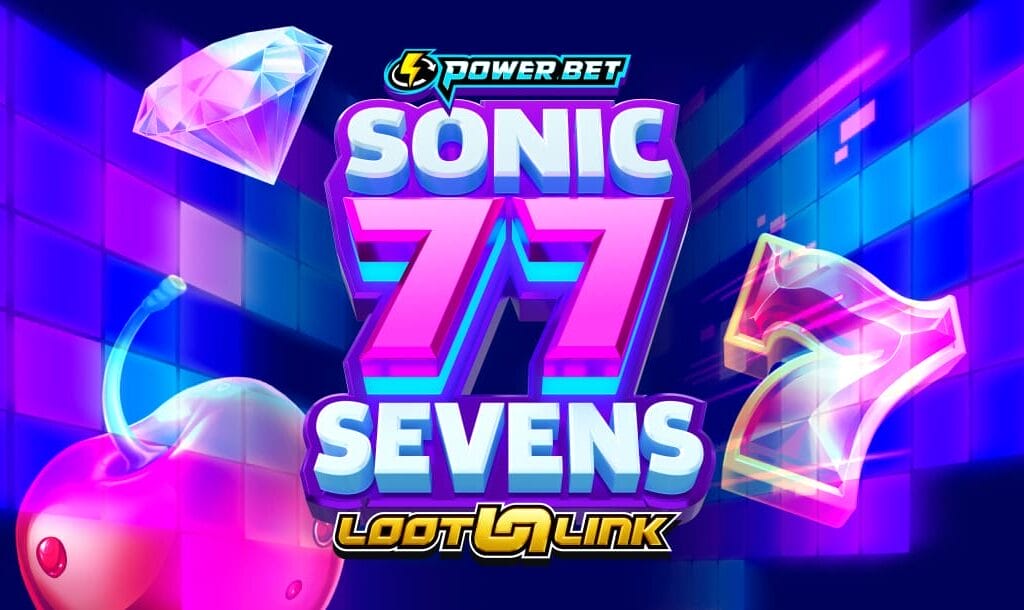 The game title Sonic Sevens Loot & Link appears against a background of deep blue and purple tiles with enormous floating diamonds, cherries, and 7s.