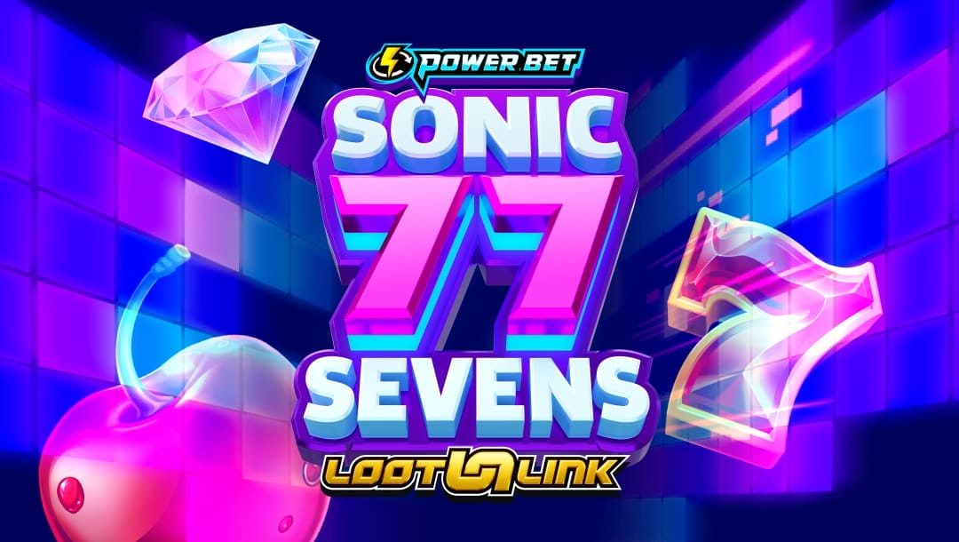 The game title Sonic Sevens Loot & Link appears against a background of deep blue and purple tiles with enormous floating diamonds, cherries, and 7s.