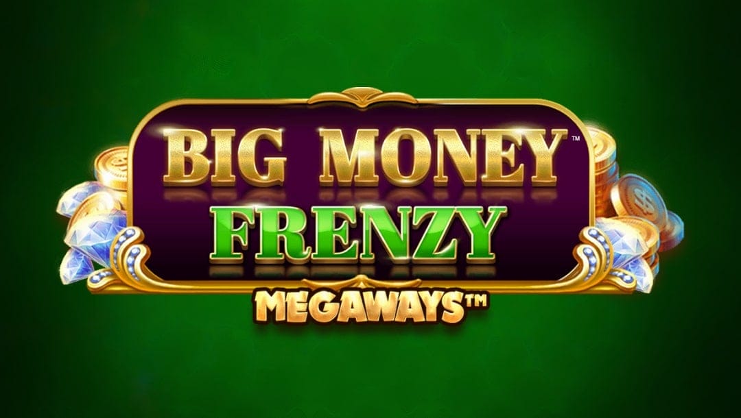 Logo image for the slot game Big Money Frenzy Megaways on a dark green background. The text "BIG MONEY" appears in large gold letters, "FRENZY" in bold green letters, and "MEGAWAYS™" in smaller gold letters beneath. The logo is decorated with gold coins and sparkling diamonds on either side.