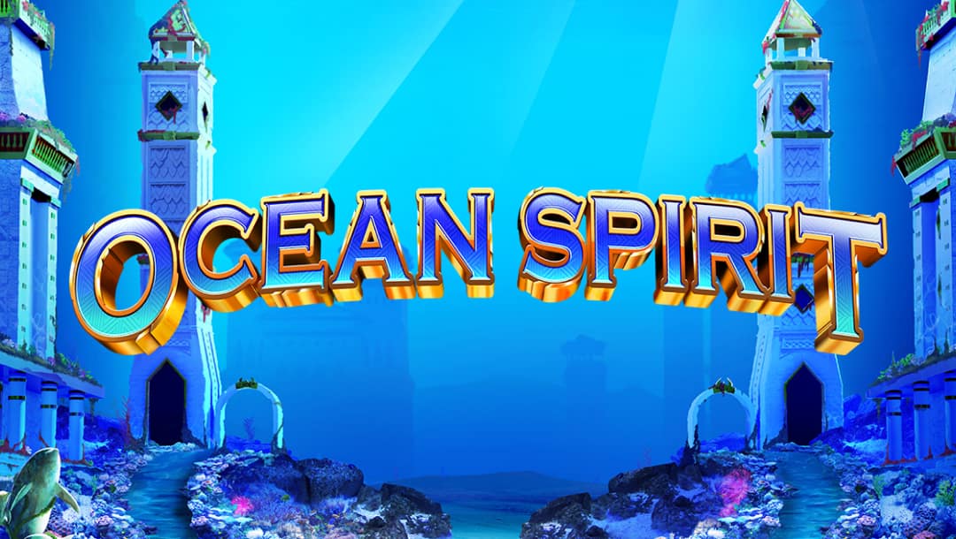 Ocean Spirit slot game title screen showing an underwater fantasy kingdom with glowing towers, coral pathways, and deep-sea blues. The golden “Ocean Spirit” logo sits in the center, framed by ancient-looking sea structures and a mystical atmosphere.
