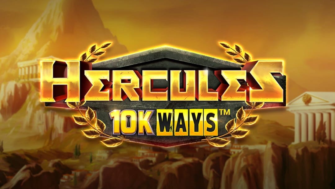 Logo for "Hercules 10K Ways™" in bold golden letters with a black and gold shield background, framed by laurel leaves. The background features a mountainous ancient Greek landscape with temples and rocky cliffs bathed in warm sunlight.