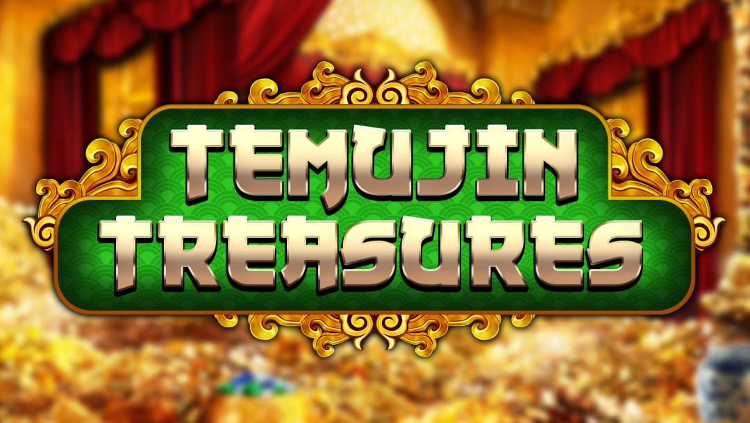 Logo for the slot game Temujin Treasures with bold gold and green lettering, ornate golden frame, and a background of red curtains and piles of treasure.