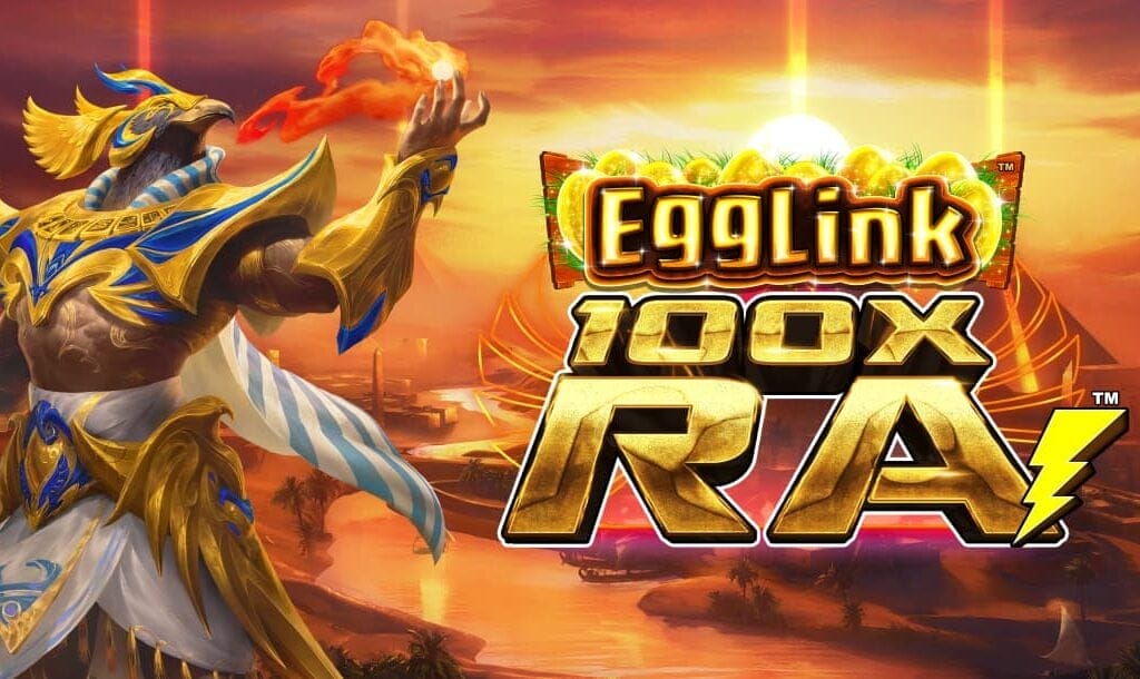 A screenshot of the EggLink 100X Ra slot game banner, featuring a majestic, anthropomorphic bird-headed Egyptian god dressed in elaborate golden and blue armor, holding a flaming orb in his right hand. He stands confidently on the left side, while the large, glowing game logo appears on the right with golden and black text surrounded by radiant light. The background displays a dramatic Egyptian desert landscape at sunset, with glowing pyramids, palm trees, and beams of light shooting into the sky, creating an epic, mythical atmosphere.