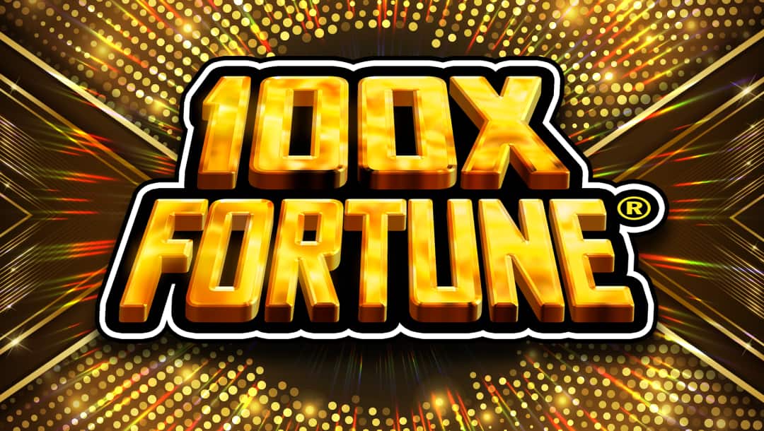 The golden letters of the 3D-rendered 100X Fortune logo wrapped in a black and white frame. Marquee lights radiate outward from behind the title with a mirrored Art Deco-style pattern on the left and right sides.