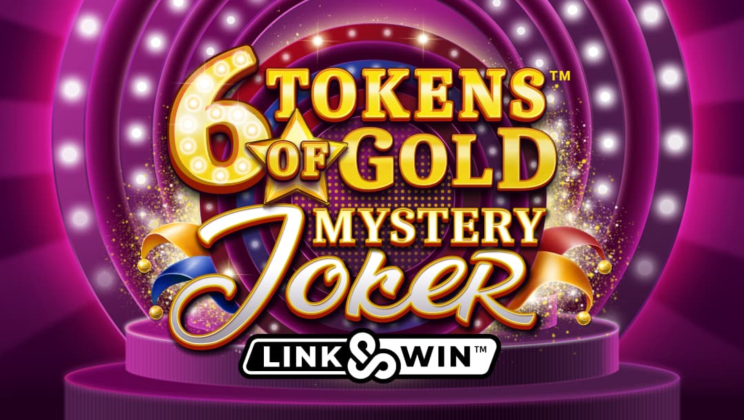 The game title “6 Tokens of Gold Mystery Joker” appears in gold letters, with Link&Win in black and white below, against a background resembling a pink and purple gameshow stage decorated with jesters’ caps.
