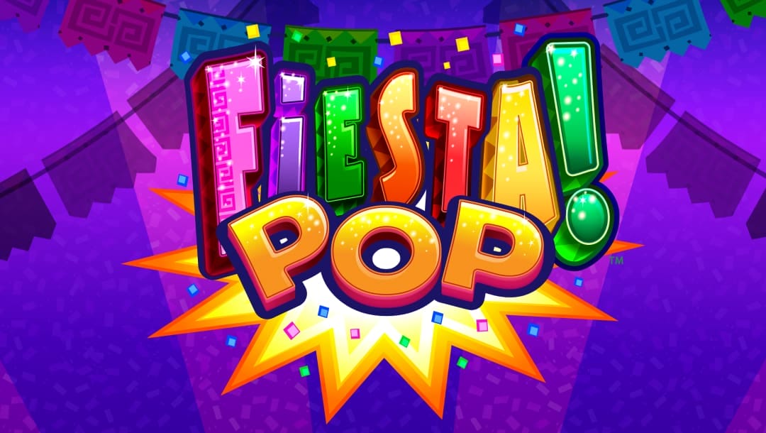The slot game title “Fiesta Pop” appears in pink, purple, orange, yellow, red, and green cartoon-style letters against a purple and pink background with party banners and a star-shaped explosion.