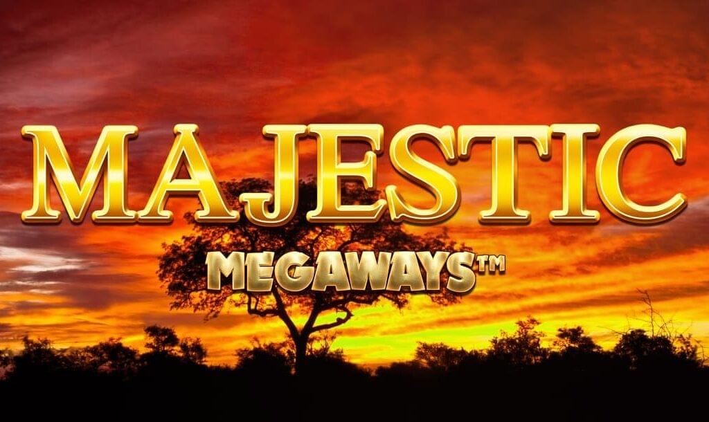 The game title, Majestic Megaways, appears in shiny gold letters against a magnificent African sunset. Trees and bushes are silhouetted against the beautiful orange sky with scattered clouds.