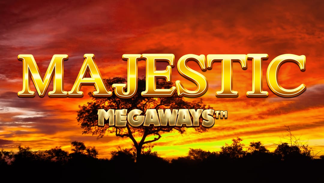 The game title, Majestic Megaways, appears in shiny gold letters against a magnificent African sunset. Trees and bushes are silhouetted against the beautiful orange sky with scattered clouds.