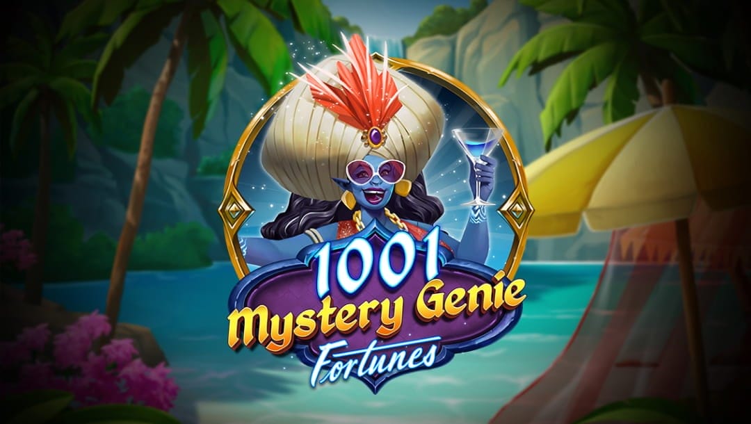 The game banner for 1001 Mystery Genie Fortunes. The game title, 1001 Mystery Genie Fortunes, appears in shiny silver and gold letters in front of an ornate design. A grinning blue-skinned female genie with a turban, dark glasses, and gold jewelry is behind the title, holding a cocktail. The background is a tropical island.
