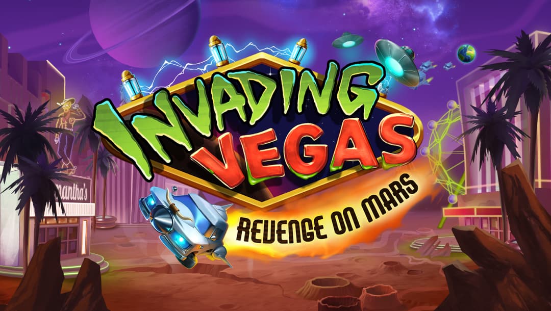 The Invading Vegas Revenge on Mars title screen featuring the logo in front of a Martian version of Vegas, with rocky outcrops and craters on the planet’s surface. Electricity sparks between power conduits above the logo, and a flying space car leaves a trail of fire behind the words “Revenge on Mars”. Flying saucers and distant planets can be seen in the background.