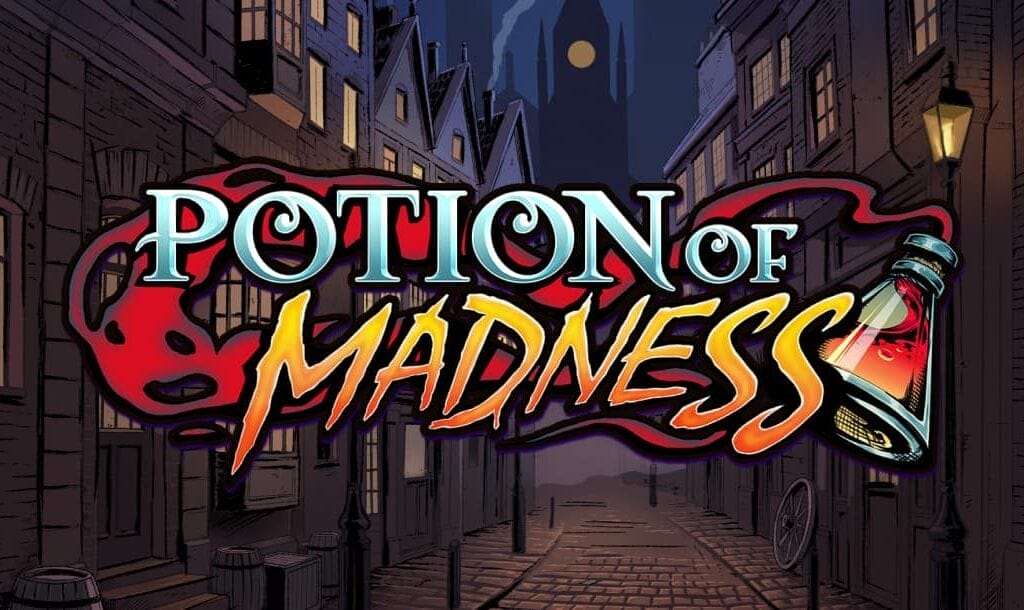 The game title “Potion of Madness” appears in metallic silver and fiery orange letters against the background of an alley in a Victorian city. A ghost and a chemistry bottle appear alongside the title.