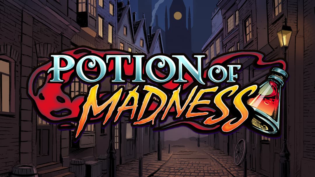 The game title “Potion of Madness” appears in metallic silver and fiery orange letters against the background of an alley in a Victorian city. A ghost and a chemistry bottle appear alongside the title.