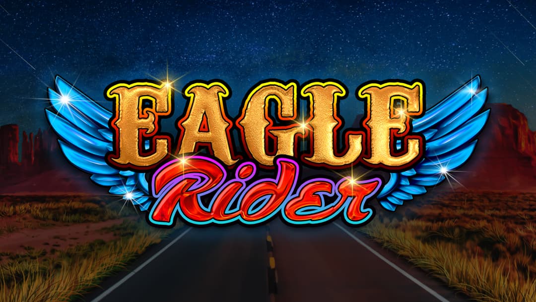 A banner image of the slot game Eagle Rider featuring a bold and vibrant design, set against a nighttime desert landscape with towering red rock formations and a starry sky. The background includes a winding open road that stretches into the distance, evoking the spirit of adventure, motorcycles, and classic American road trips that define the game’s biker-themed atmosphere. In the foreground, the game title Eagle Rider is displayed in large, metallic gold and fiery red lettering, with stylized blue eagle wings extending from both sides.