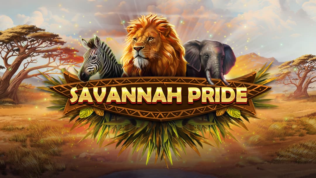 The game's banner features the bold game logo with the title “Savannah Pride” resting on a bouquet of greenery. A zebra, lion, and elephant overlook the Savanna landscape in the background, with rays of sunlight beaming out from behind them.
