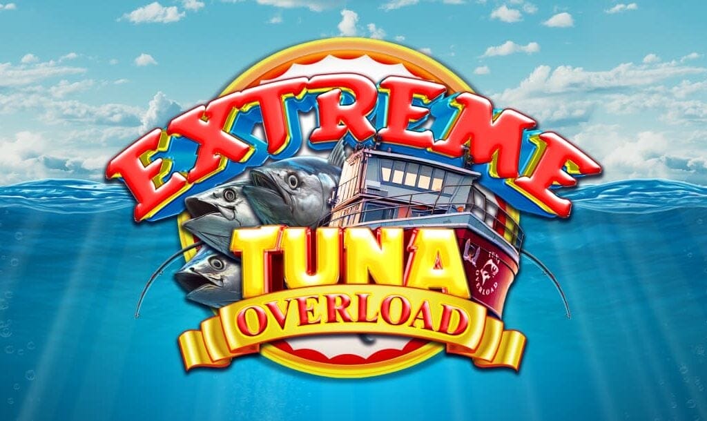 The Extreme Tuna Overload slot’s title screen with the ocean surface meeting the bright blue sky in the background. The game logo is placed in the foreground, featuring bold title lettering in red and gold. A fishing trawler and a few tuna burst from the logo.