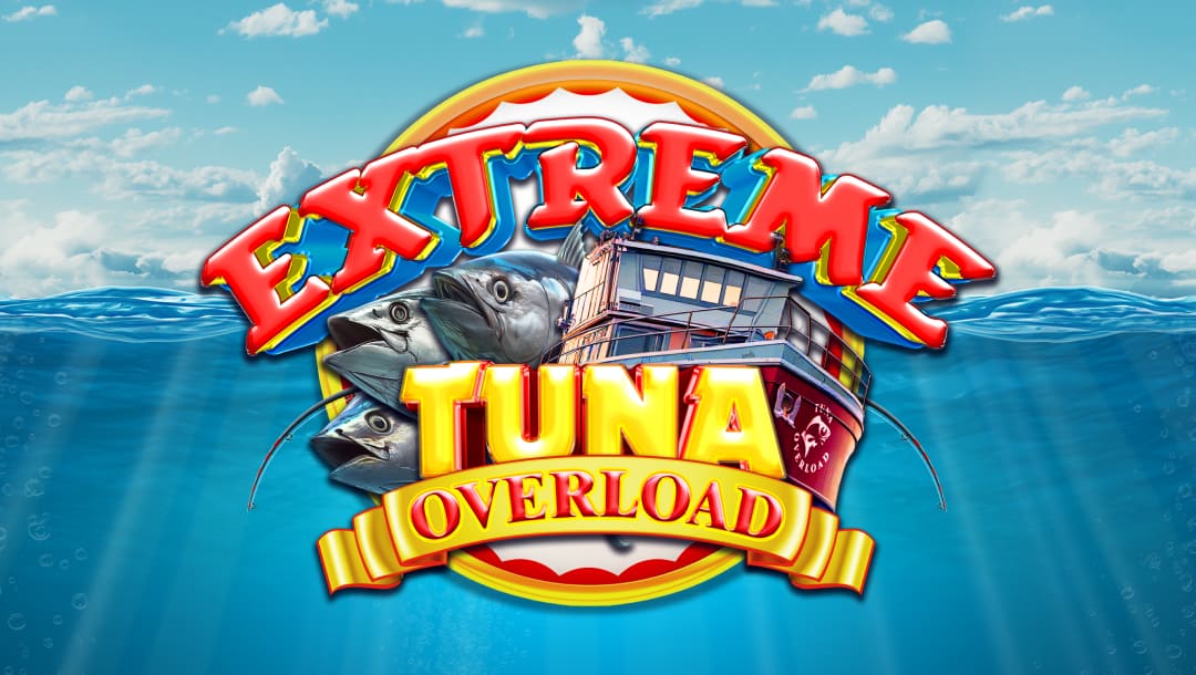 The Extreme Tuna Overload slot’s title screen with the ocean surface meeting the bright blue sky in the background. The game logo is placed in the foreground, featuring bold title lettering in red and gold. A fishing trawler and a few tuna burst from the logo.
