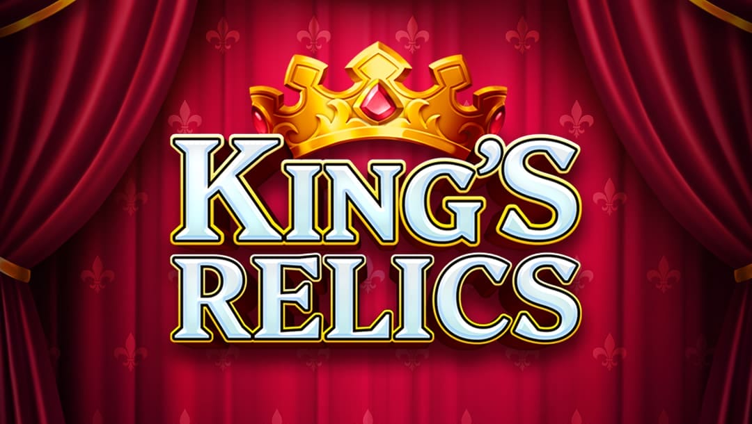 The title screen of King’s Relics slot game features bold, glowing white and gold lettering framed by deep crimson stage curtains with golden trim. A large golden crown sits atop the logo, hinting at a royal theme. The background is patterned with subtle fleur-de-lis symbols, reinforcing the regal tone.
