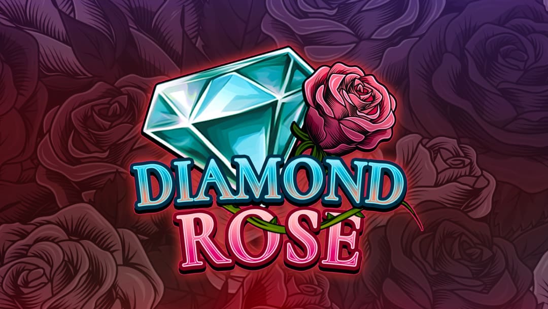 The game title Diamond Rose appears in shiny silver and pink letters against a rose-patterned background. The stem of a pink rose intertwines the letters. A big blue diamond sits above the title next to the rose.