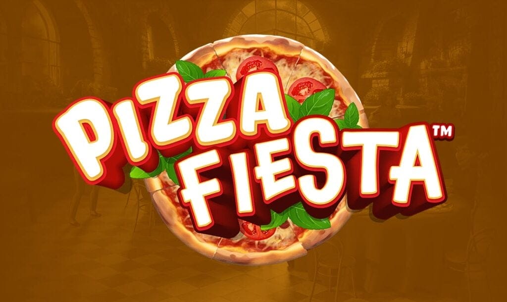 A vibrant title screen for the Pizza Fiesta slot game featuring a bold, cartoon-style logo with the words “Pizza Fiesta” layered over a full pizza topped with fresh tomato slices and bright basil leaves. The background is tinted in warm golden tones, with a subtle view of a cozy Italian trattoria.