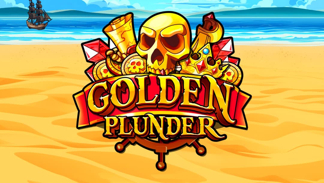 The game title Golden Plunder in golden letters against a cluster of pirate symbols including a ship’s wheel, skull, cutlass, map, and treasure. The background is a golden sandy beach with a ship sailing on blue water in the background.