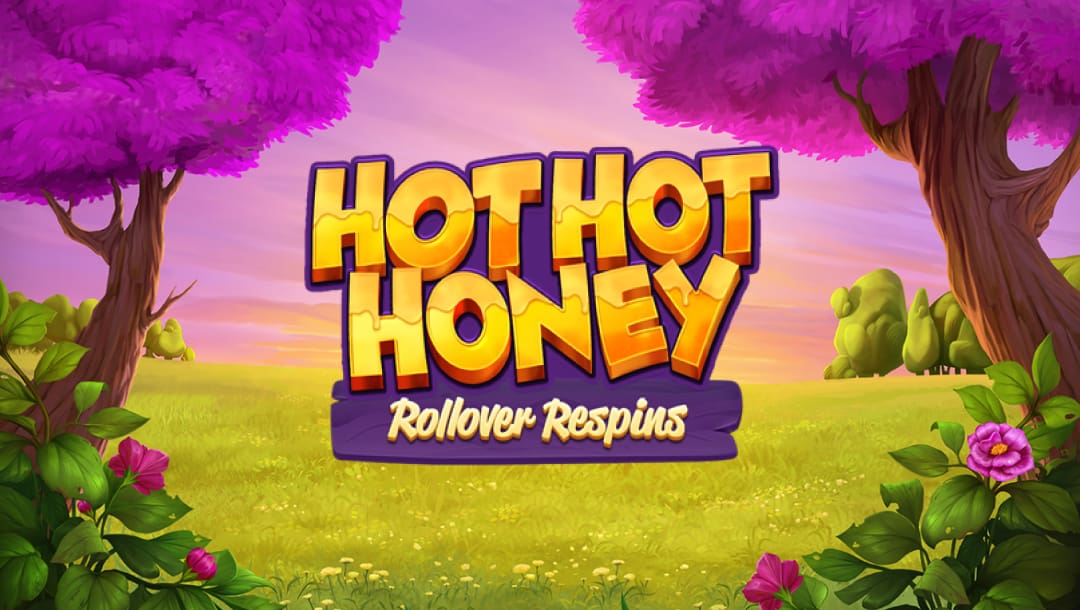 The Hot Hot Honey slot’s title screen features the game’s logo in a big, bold font, smothered in golden honey. The logo is mounted on a deep purple frame and placed in the foreground, while a sun-kissed meadow fills the background below a pastel sunset.