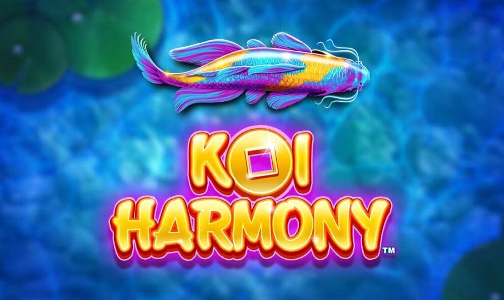The game title Koi Harmony appears in soothing golden letters with a purple aura. The title seems to be floating on a fish pond with a colorful koi fish swimming above it.