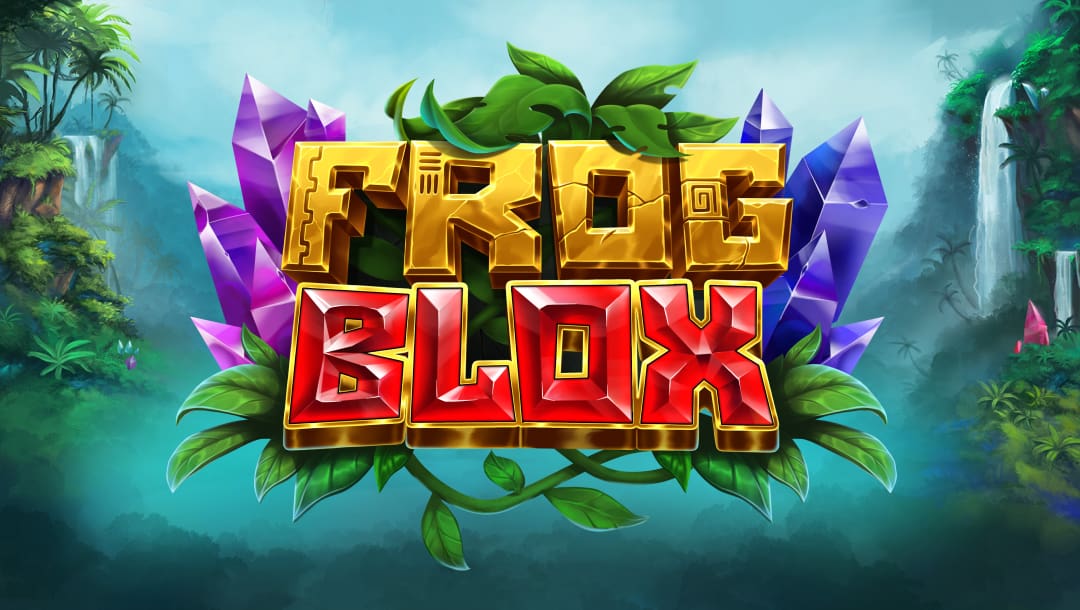 The Frogblox banner features the game logo set against a lush, vibrant jungle background. The background features cascading waterfalls and misty jungle terrain, with soft blue skies and layers of greenery. In the foreground, the game's title is boldly displayed in blocky 3D letters, with FROG in gleaming gold and BLOX in shiny red gemstone-like text, surrounded by intertwining green vines. Behind the title, large purple and blue crystal formations rise from dense green foliage, adding a mystical atmosphere.