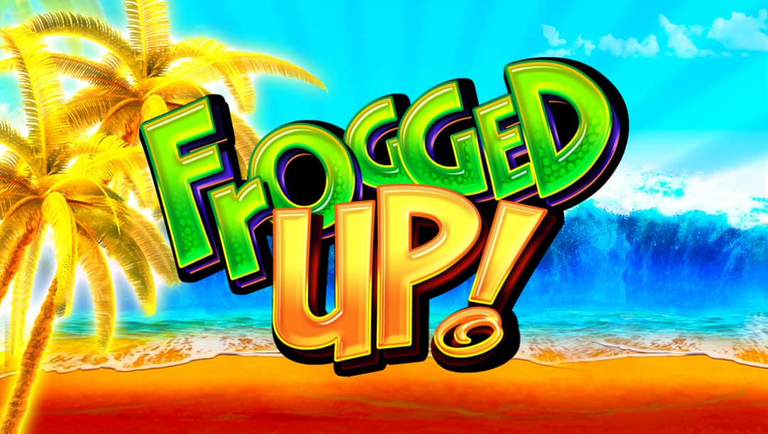 The green and yellow Frogged Up logo in front of a sandy beach with a large wave heading for the shore. Incandescent palm trees on the left side of the screen evoke a sense of stifling heat from the sun.