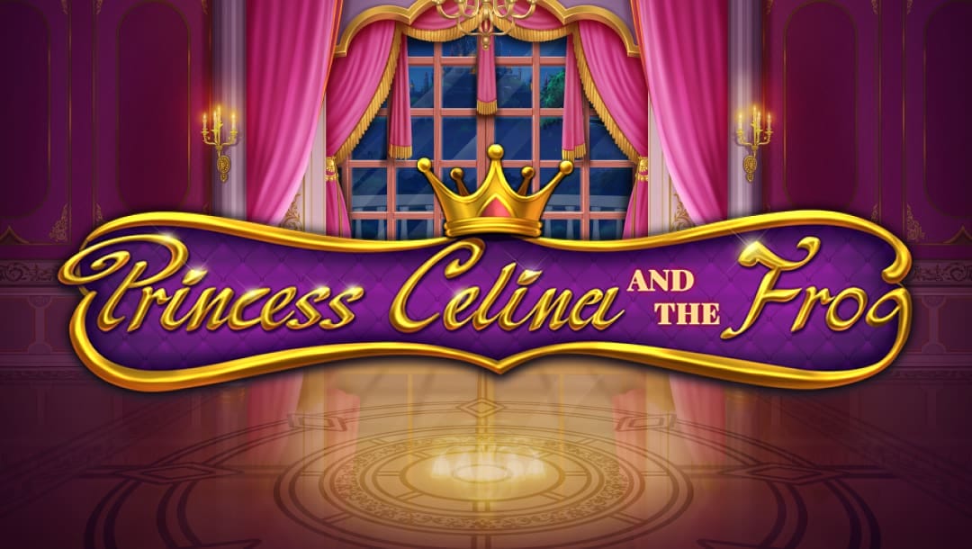 Title screen of the Princess Celina and the Frog online slot game, featuring a royal palace backdrop with pink velvet curtains, a tall arched window, and a glowing ballroom floor. The game logo is centered prominently in gold script on a purple banner with a golden crown above it.