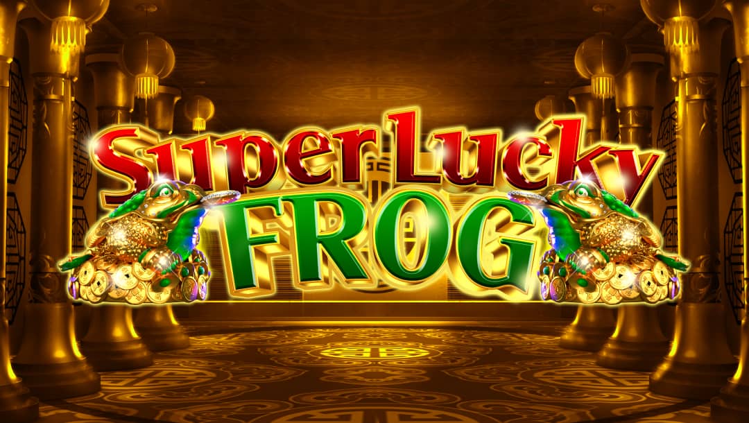 A banner image for the slot game Super Lucky Frog features a grand, opulent palace interior bathed in golden light, with ornate columns and intricate patterned flooring. In the foreground, the bold title “Super Lucky Frog” is displayed in vibrant red and green lettering, framed by two golden frogs sitting atop piles of glittering coins and gemstones. There are also shimmering design elements and a rich color palette consisting of golds, reds, and greens.