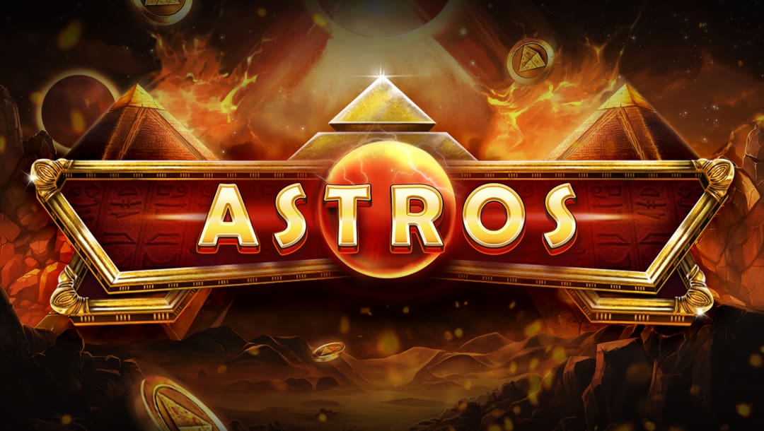 The Astros logo featuring the game’s title on a hieroglyph-filled red plaque with a gold frame. The background is an unknown planet ravaged by solar storms and scorching heat. Three pyramids jut out from the harsh landscape, with golden treasures scattered around the screen.