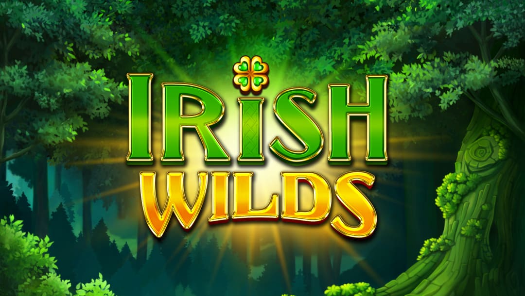 The title screen of the game Irish Wilds shows the game’s logo glowing with radiant green and gold letters in a lush, enchanted forest setting. A four-leaf clover glows at the top center, casting beams of light through the surrounding treetops. The forest is dense and vibrant, with leaves and moss illuminated by the golden light behind the title.