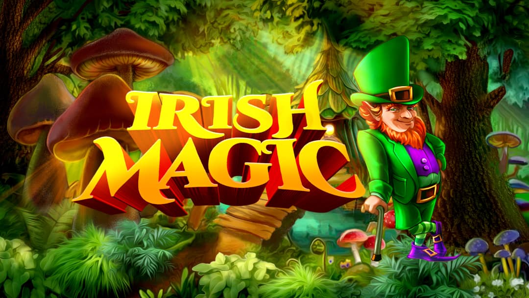 The Irish Magic slot title screen features a lush, magical forest in the background, filled with magic mushrooms of all shapes and sizes. The game logo is placed in the foreground, lit by rays of light streaking through the forest canopy. A smug leprechaun is posted next to the game logo.