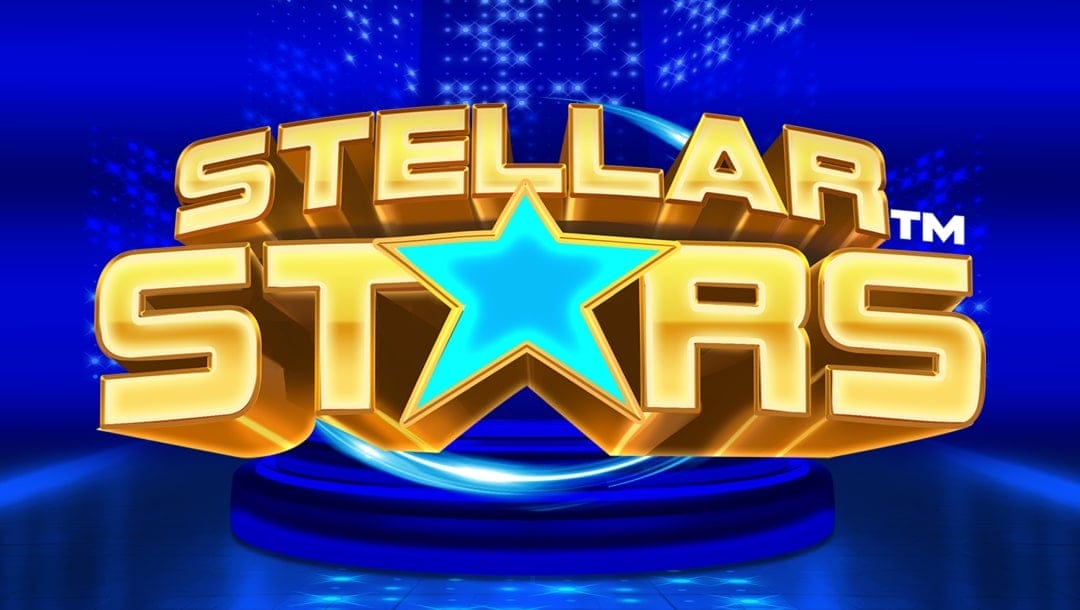 The Stellar Stars logo featuring gold-shaded 3D letters with a light blue star replacing the “A” in STARS. The dark blue background is a room with walls of glowing lights and a round stage in the middle.