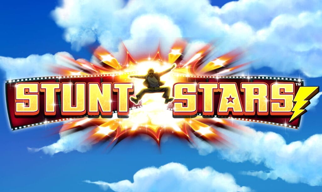 The Stunt Stars slot title screen, featuring blue skies and fluffy clouds with the game logo exploding onto the screen, complete with the signature stunt actor flying out of the explosion.
