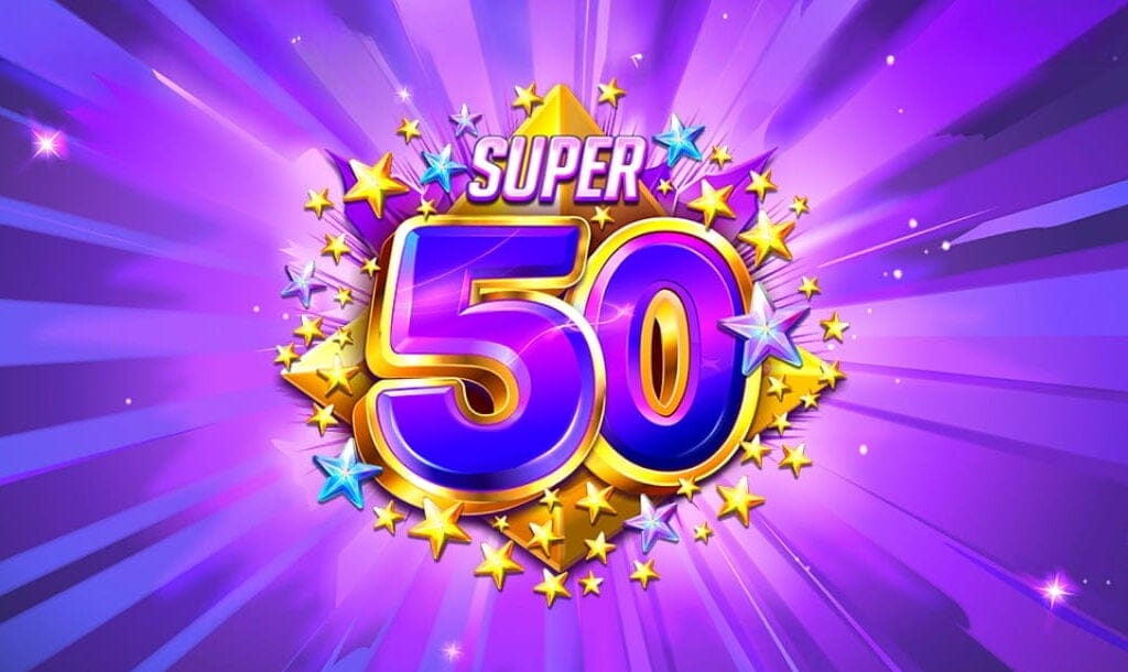 The game title Super 50 appears in metallic silver and gold-framed blue letters surrounded by blue, silver, and gold stars against a starry purple background.