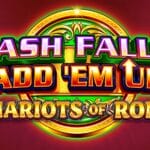 The game title, Cash Falls Add’Em Up Chariots of Rome, appears in silver, red-gold, and golden letters in front of a gold-rimmed green shield against an imperial red background.