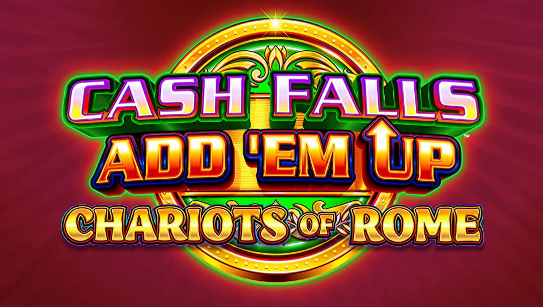 The game title, Cash Falls Add’Em Up Chariots of Rome, appears in silver, red-gold, and golden letters in front of a gold-rimmed green shield against an imperial red background.