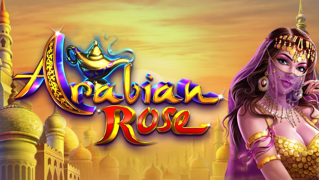 A banner image of the Arabian Rose slot game. The background consists of a glowing golden-orange sunset with ornate Arabian palace domes and minarets. In the foreground, the game's logo appears in bold, elegant lettering, with a golden magic lamp emitting blue smoke above the word “Arabian.” To the right, a glamorous woman wearing a jeweled headpiece, purple veil, and golden attire gazes alluringly at the player.