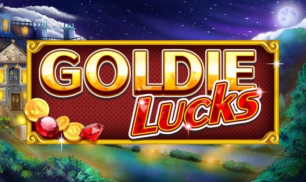 Slot game title screen for "Goldie Lucks" featuring a luxurious mansion lit up at night with a full moon in the background. The game title is displayed in bold gold and red letters, surrounded by gold coins and red gemstones, against a sparkling dark red background.