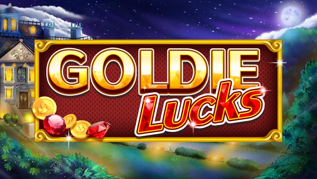 Slot game title screen for "Goldie Lucks" featuring a luxurious mansion lit up at night with a full moon in the background. The game title is displayed in bold gold and red letters, surrounded by gold coins and red gemstones, against a sparkling dark red background.