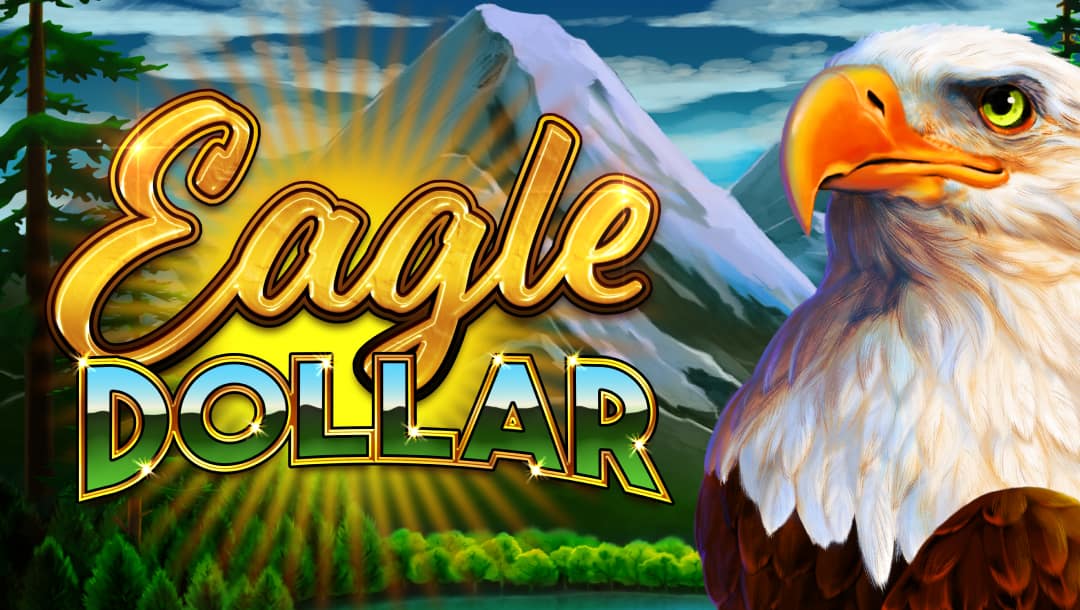 The banner of the Eagle Dollar slot. In the foreground, a detailed and majestic bald eagle with a sharp orange beak and piercing green eye, symbolizing strength and freedom, dominates the right-hand side. The title text is split across the center, with "Eagle" in golden script and "DOLLAR" in blocky, gradient letters filled with green landscapes and sky. In the background, a sunburst effect radiates behind the title. A scenic mountain range with snowy peaks rises against a cloudy blue sky, flanked by tall evergreen trees and a calm forest lake at the base, creating a natural, wilderness-themed setting.