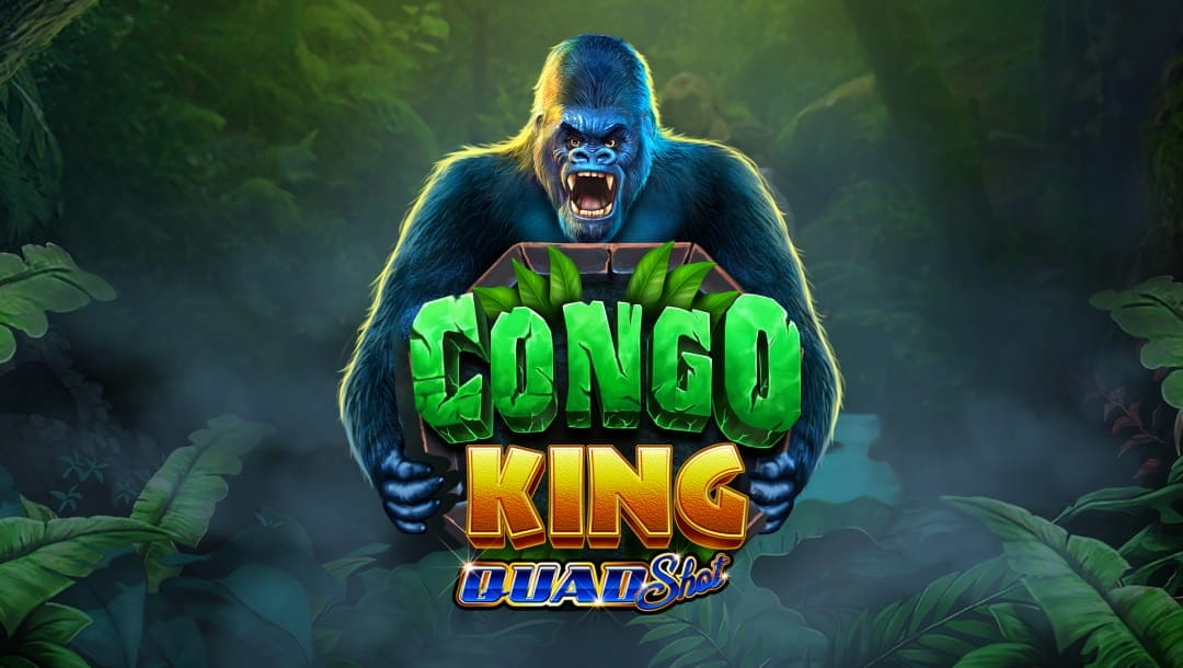 The game title screen featuring a lush jungle scene in the background with a ray of light shining through the canopy onto a gorilla in the foreground. The gorilla is holding the game logo featuring stone cut lettering, reading Congo King.