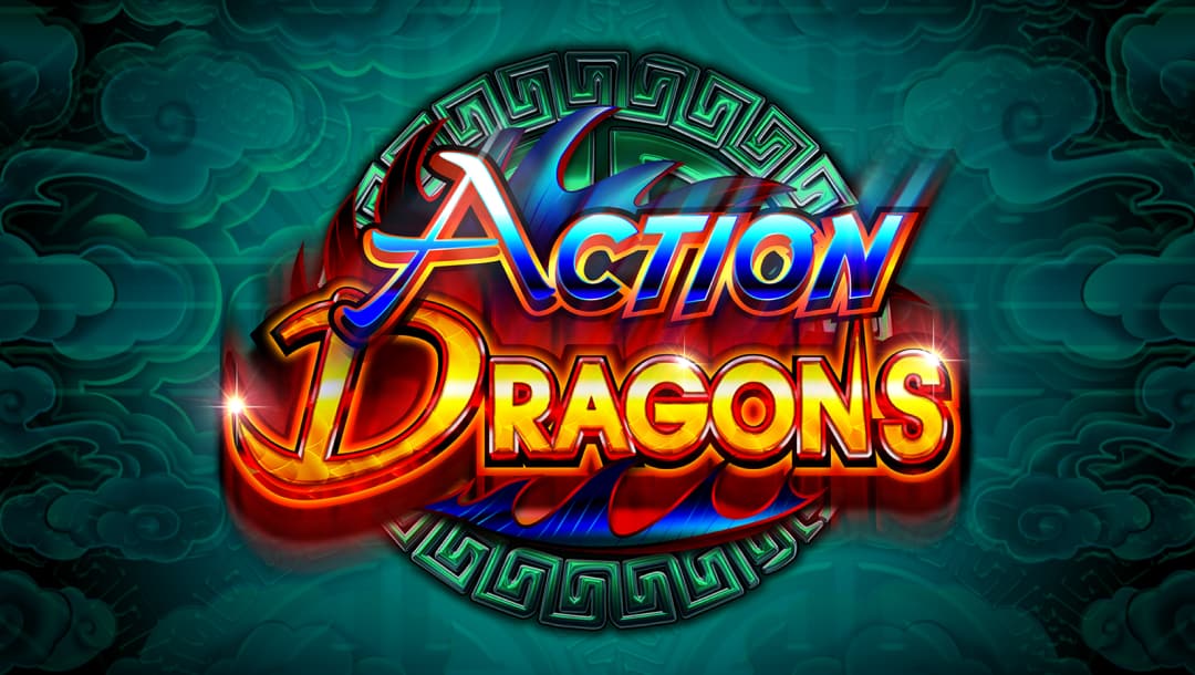 The game title “Action Dragons” appears in bold, glowing red and blue letters against a background of jade green wallpaper with Asian patterns.