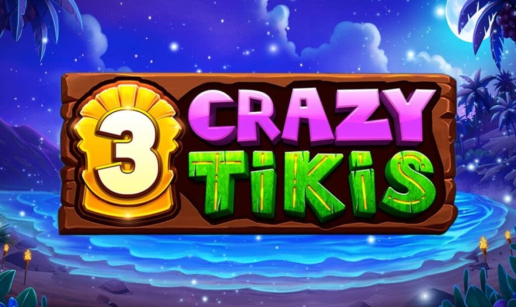 The legend “3 Crazy Tikis” appears in playful purple and green-gold letters and has a 3 on a golden mask. The background is a crystal clear body of water on a tropical island with tiki torches on the beach.